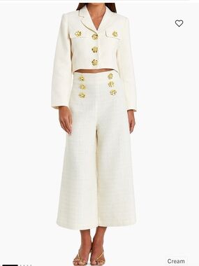 Mac Duggal Cream Tweed Crop Blazer with Gold Floral Buttons